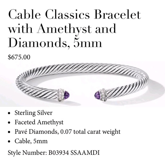 David Yurman Amethyst Diamond Cable Cuff Bracelet - Picture 8 of 8